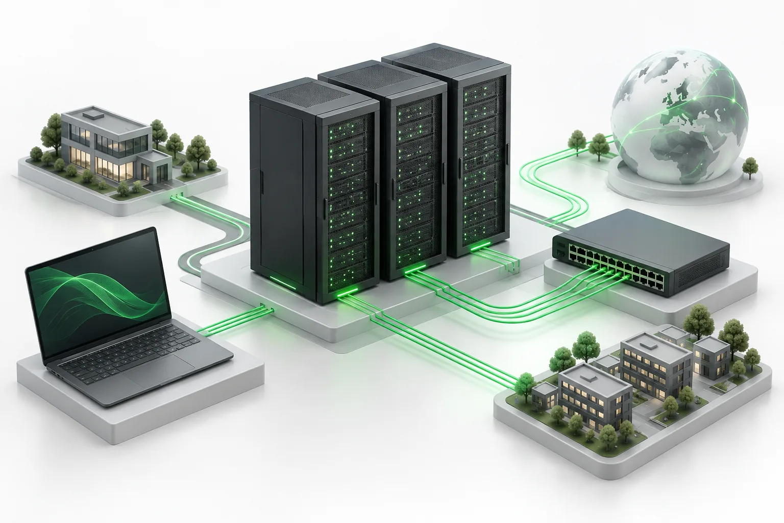 Illustration of connected business networks, servers and computers